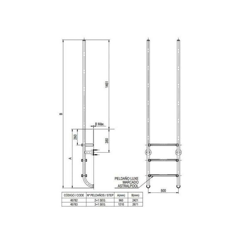 ESCALERA ELEGANCE 2 PELDAÑOS IPE+INOX + 1 SEGURIDAD AISI 316. 45900