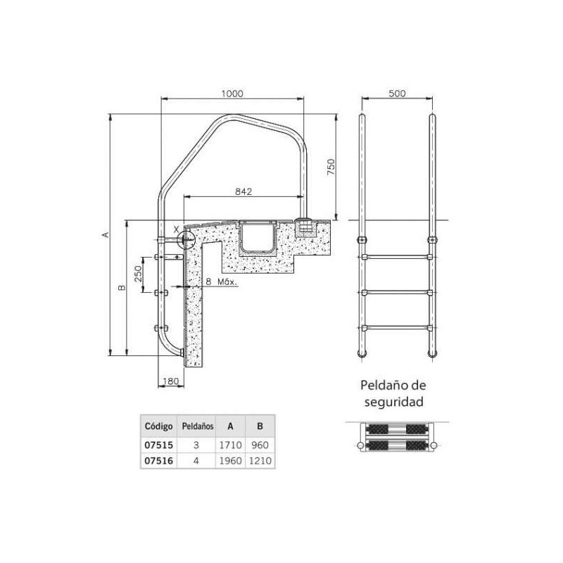 ESCALERA MODELO 1000 PARA REBOSADERO 3 PELDAÑOS LUXE+1 SEG.. 07516
