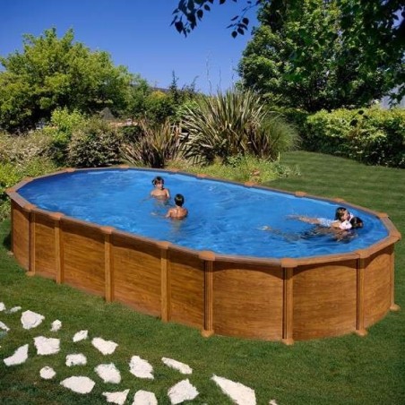 Piscina sobre suelo de acero decoración madera 730 x 375 x 132 cm.