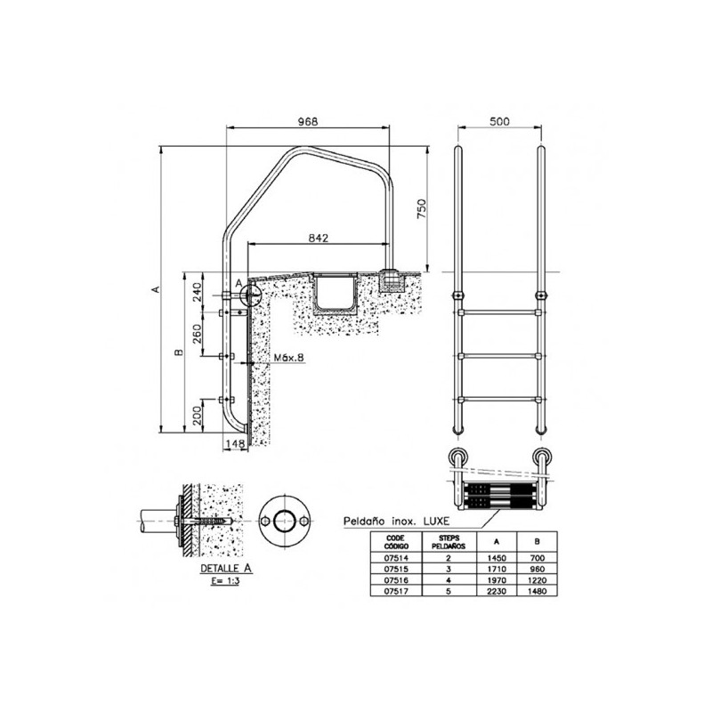 ESCALERA MODELO 1000 PARA REBOSADERO 1 PELDAÑO LUXE+1 SEG.. 07514